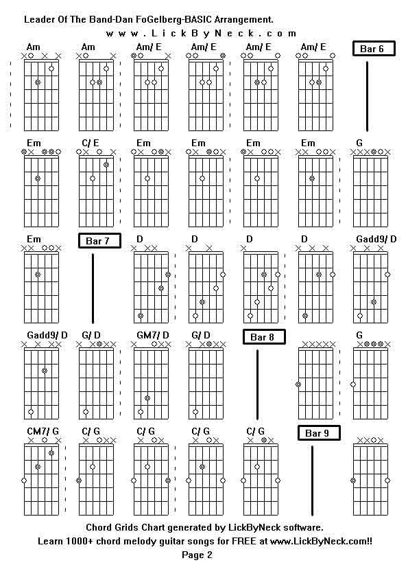 Chord Grids Chart of chord melody fingerstyle guitar song-Leader Of The Band-Dan FoGelberg-BASIC Arrangement,generated by LickByNeck software.